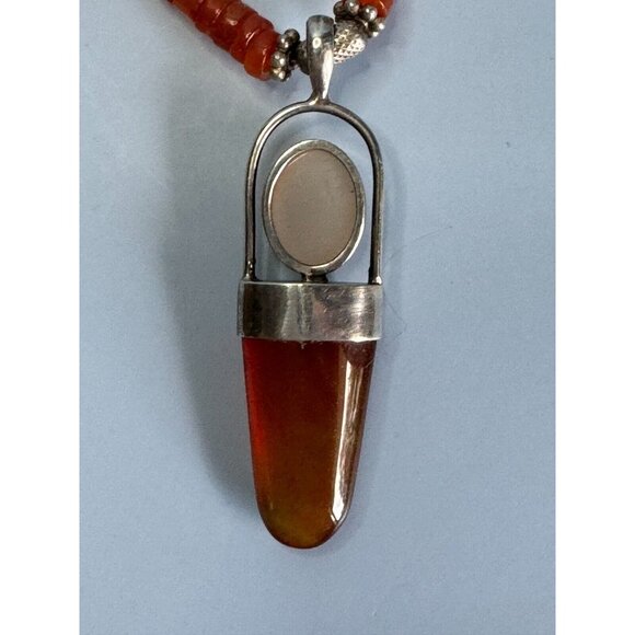 925 Sterling Silver Carnelian Beaded Moonstone Opal Pendant Necklace 15" - Picture 5 of 7